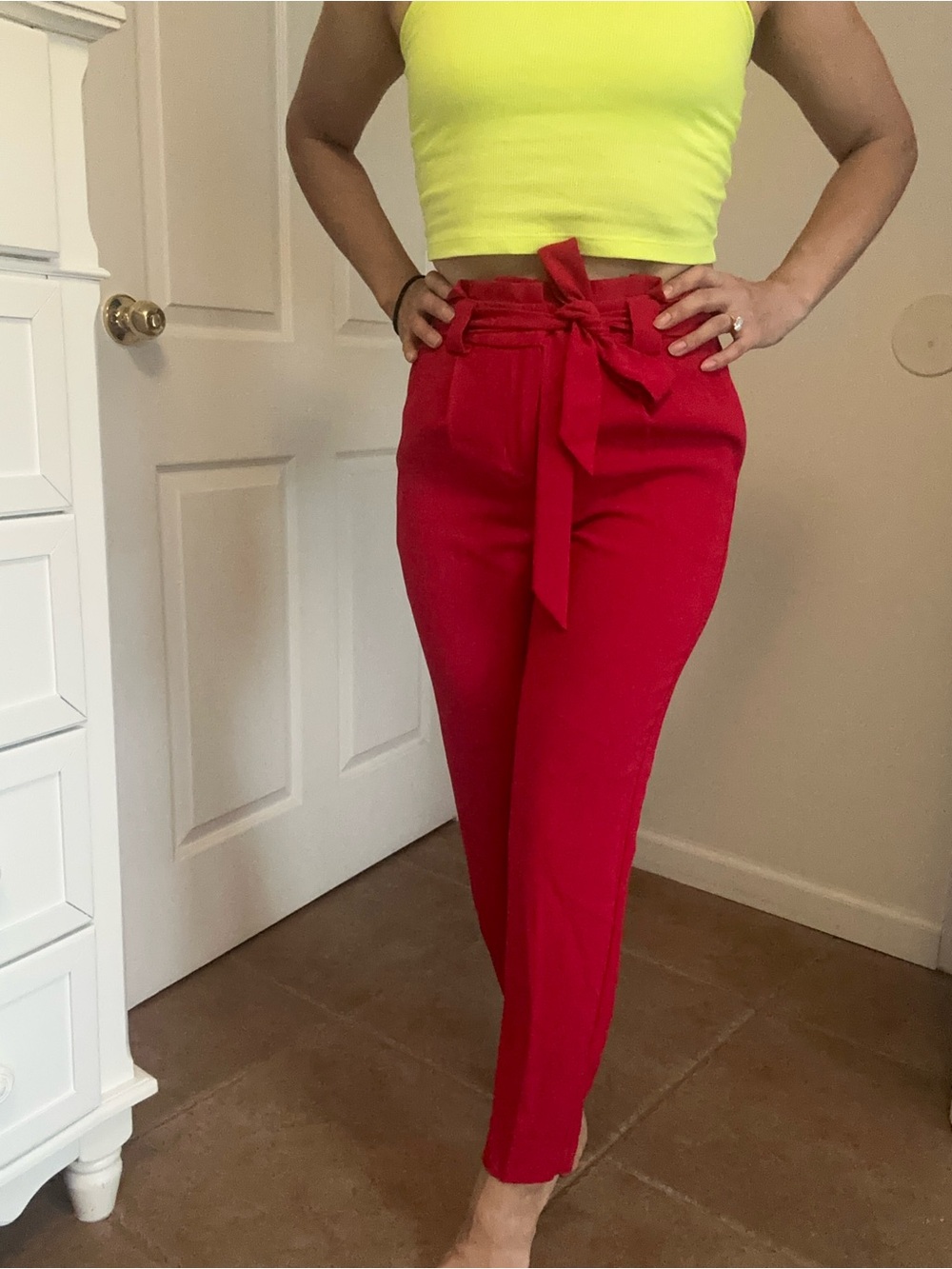 Express Red Paperbag High-Waist Tie-Belt Trousers